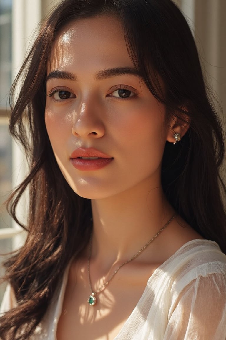 A stunning 20-year-old beautiful woman close-up within the frame,  radiant with elegance. Backlit by warm sunlight,  looki...
