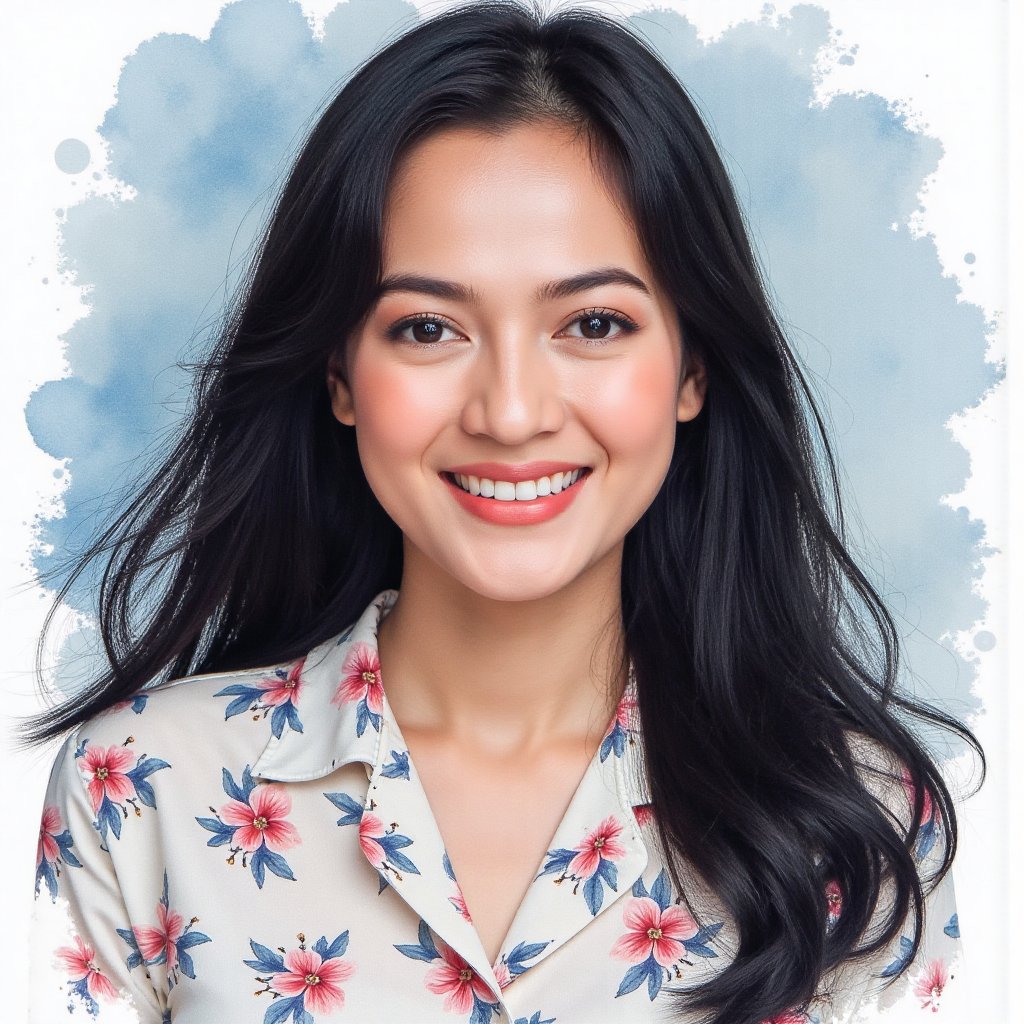 Full long shot a portrait ,  Asian woman long flowing black hair small flora and blouse pattern small flora,  beautiful by...