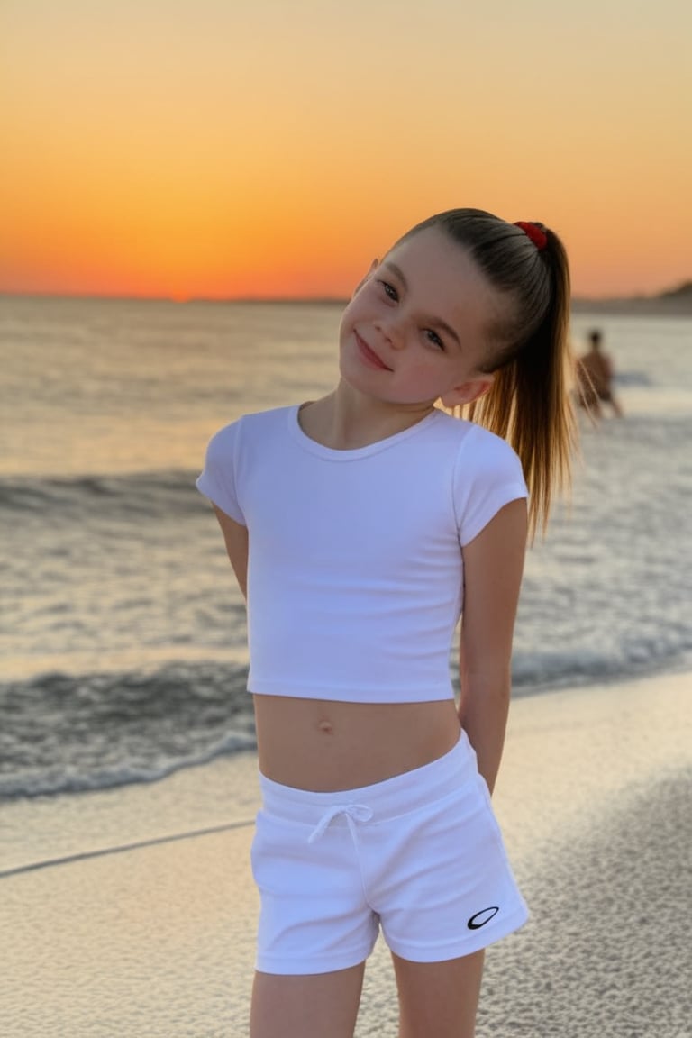 Beautiful cute young girl dressed in white short crop tshirt and shorts (front view),  head tilt,  ponytail by Doll_Factor...