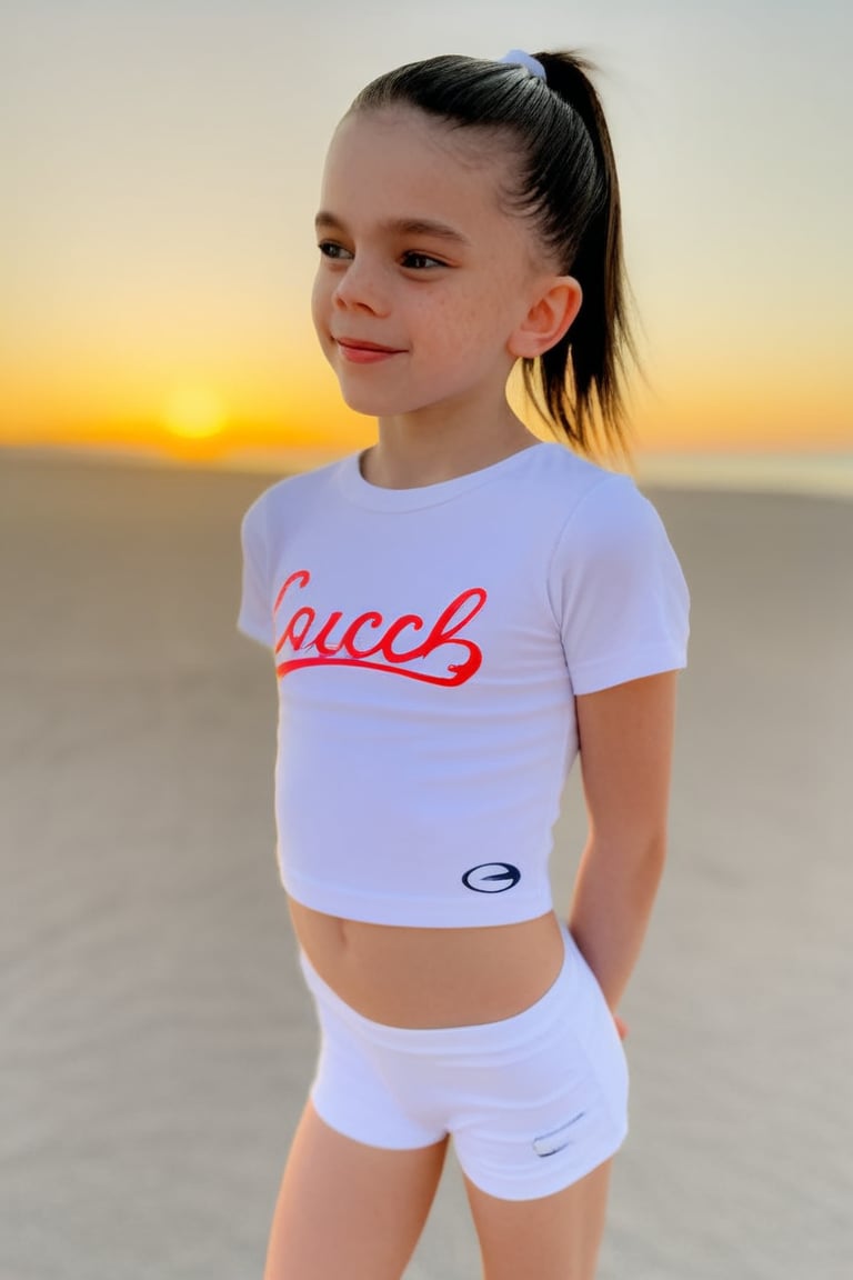 Beautiful cute young girl dressed in white short crop tshirt and shorts (front view),  head tilt,  ponytail by Doll_Factor...