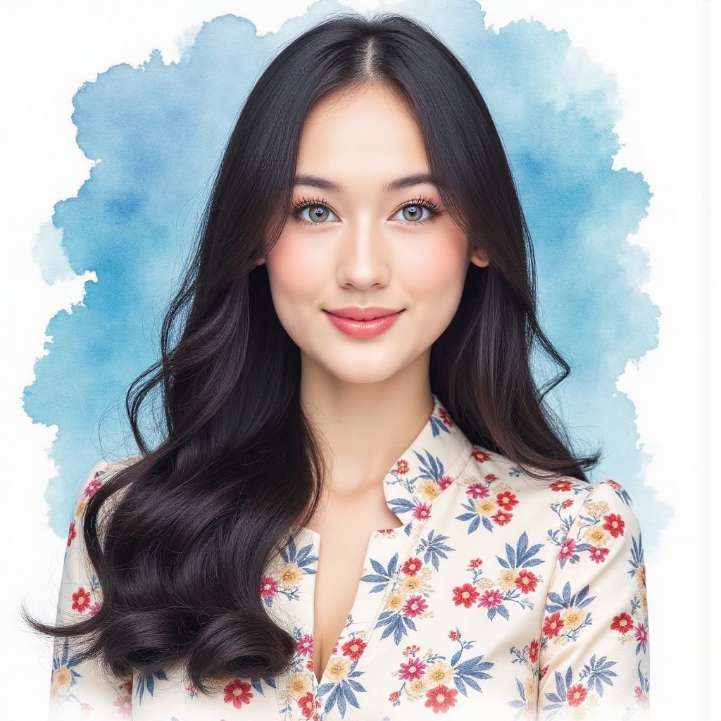 Full long shot a portrait ,  Asian woman long flowing black hair small flora and blouse pattern small flora,  beautiful by...