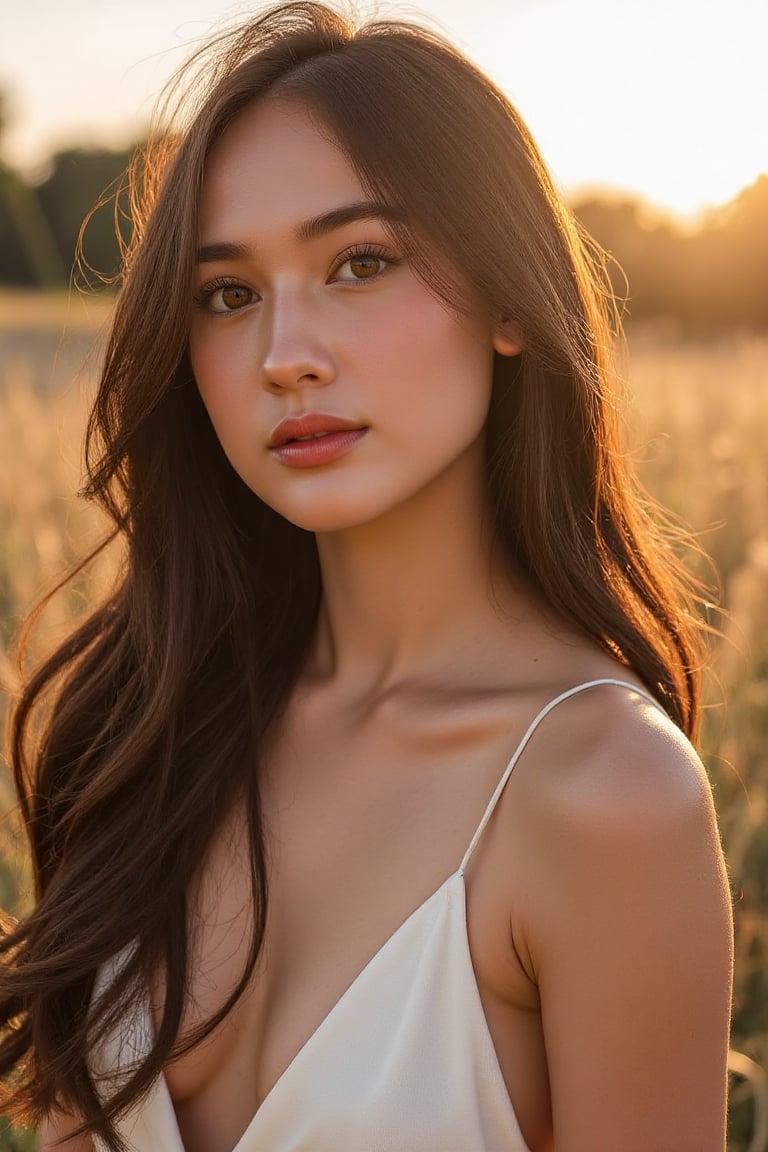 A stunning 20-year-old beautiful woman close-up within the frame,  radiant with elegance. Backlit by warm sunlight,  looki...