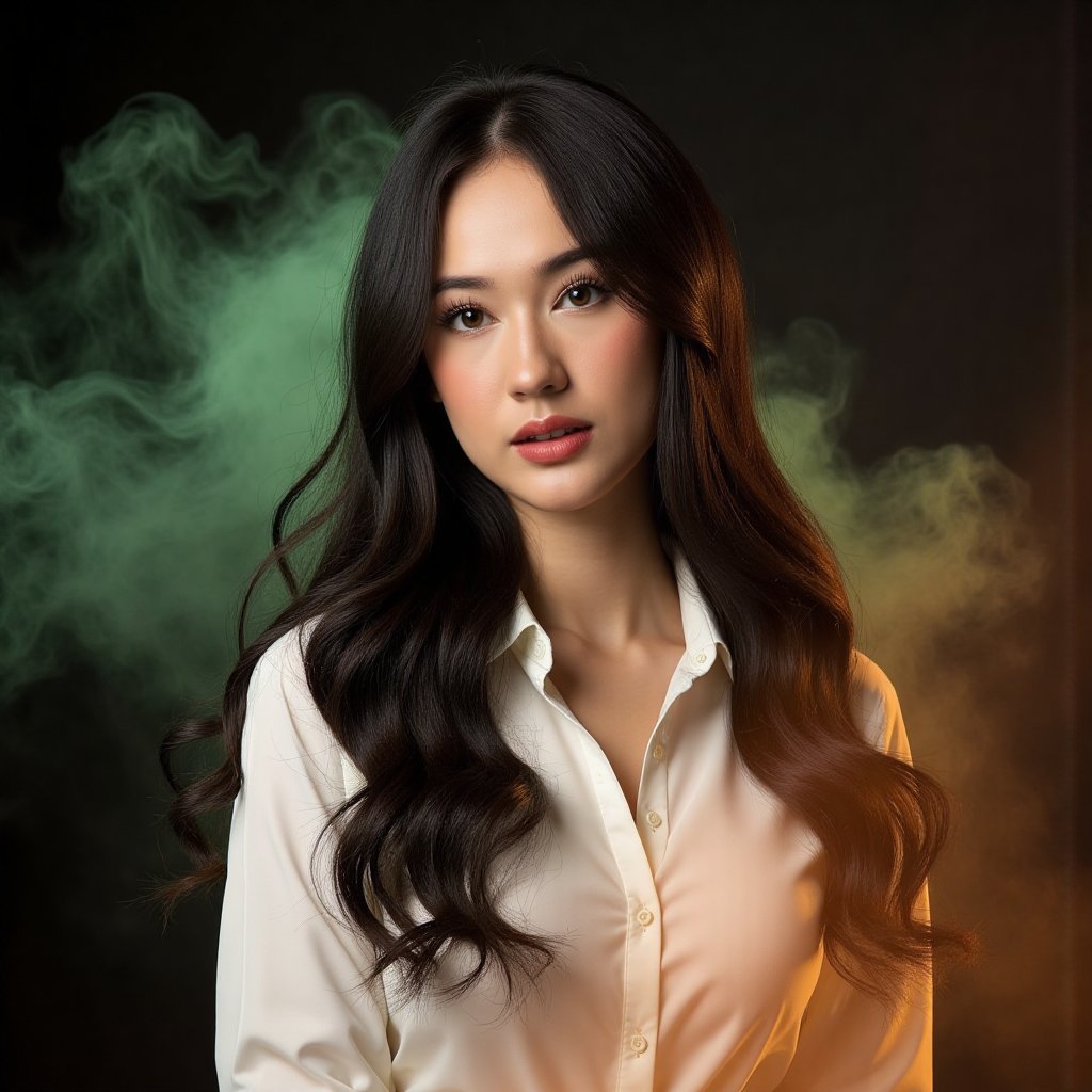 This image is an evocative,  high-definition picture of a breathtaking beautiful model captured in a low-light background....