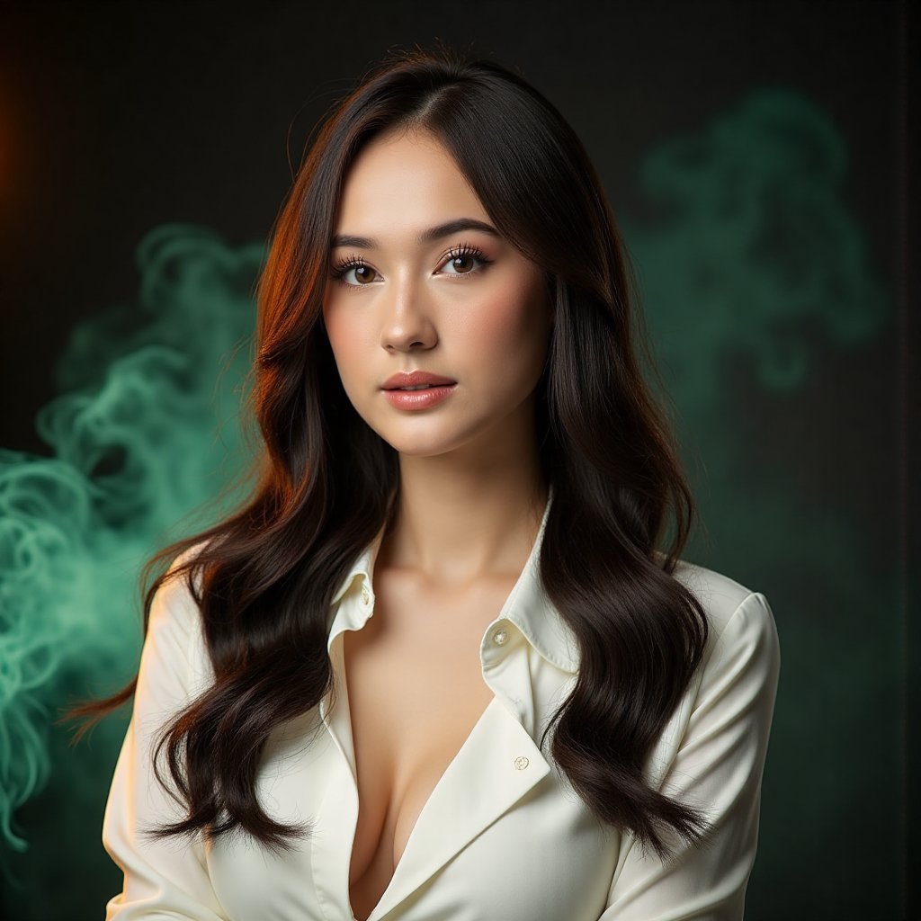 This image is an evocative,  high-definition picture of a breathtaking beautiful model captured in a low-light background....