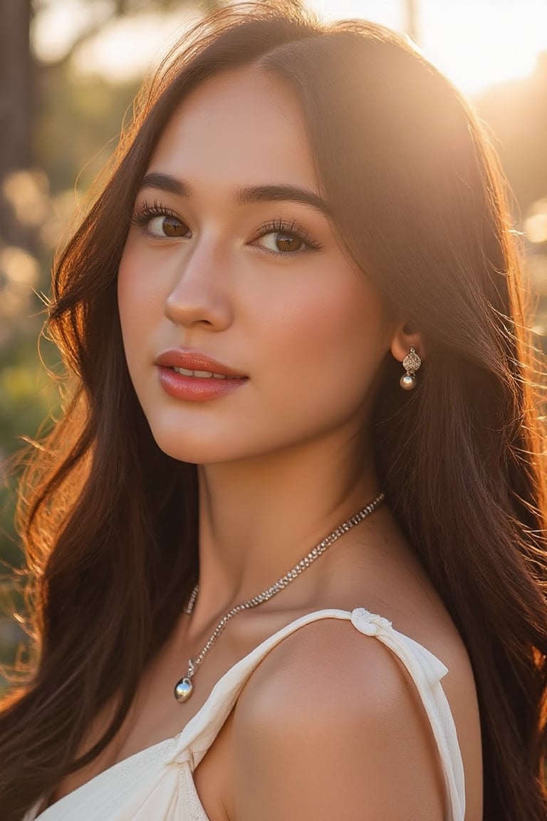 A stunning 20-year-old beautiful woman close-up within the frame,  radiant with elegance. Backlit by warm sunlight,  looki...