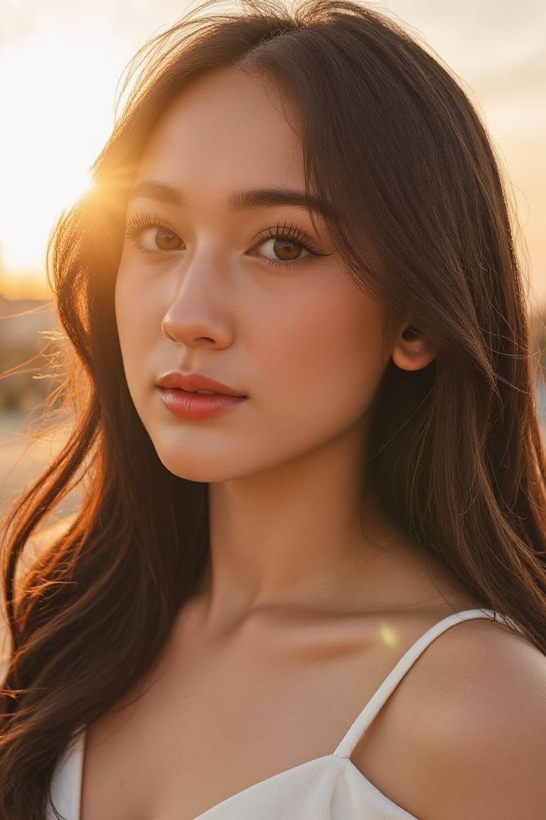A stunning 20-year-old beautiful woman close-up within the frame,  radiant with elegance. Backlit by warm sunlight,  looki...