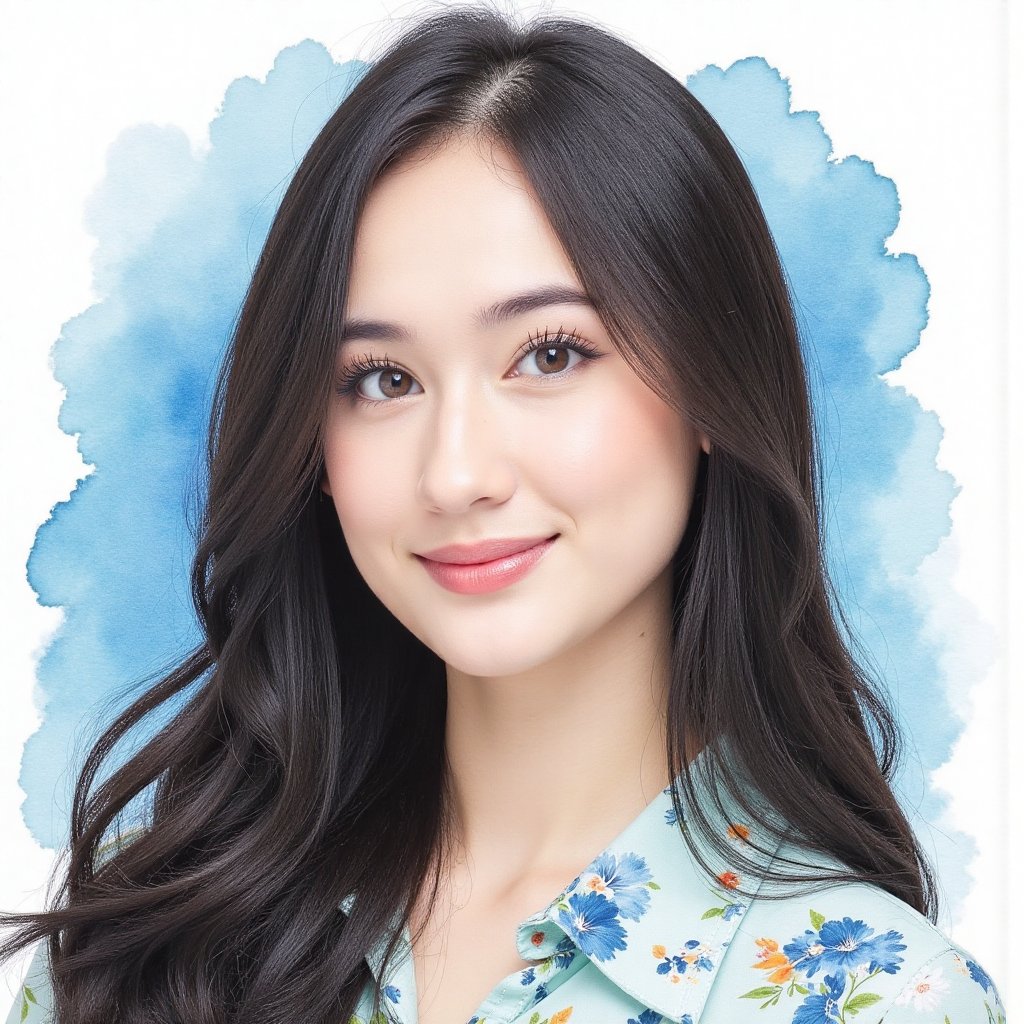 Full long shot a portrait ,  Asian woman long flowing black hair small flora and blouse pattern small flora,  beautiful by...