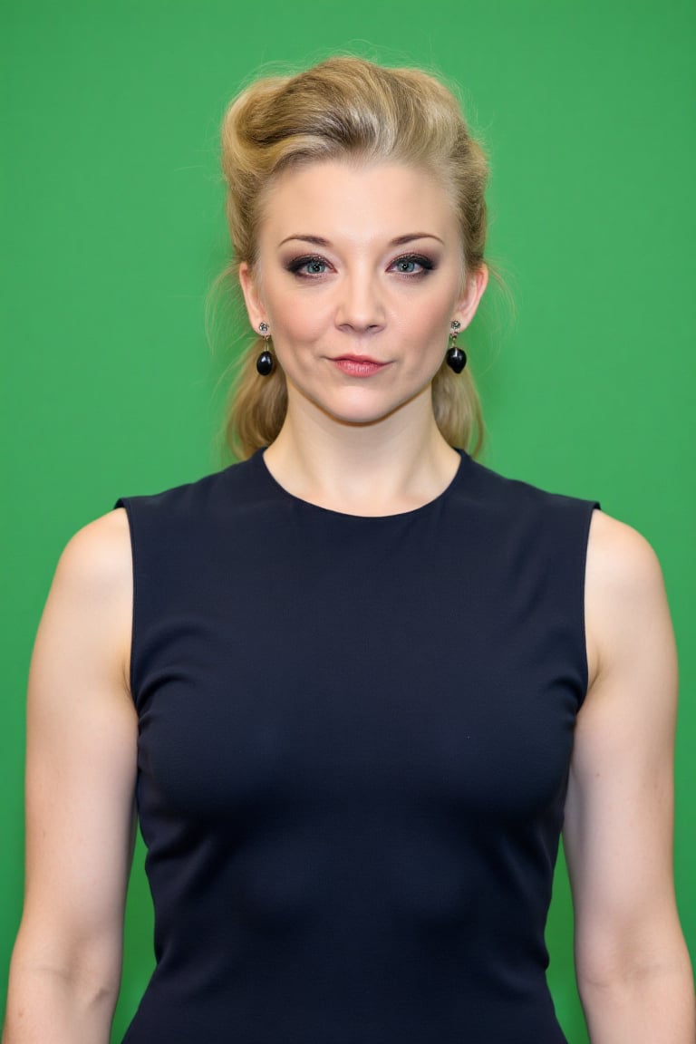 Photograph of a light-skinned woman with blonde hair styled in an elegant updo,  wearing a navy blue sleeveless dress and...