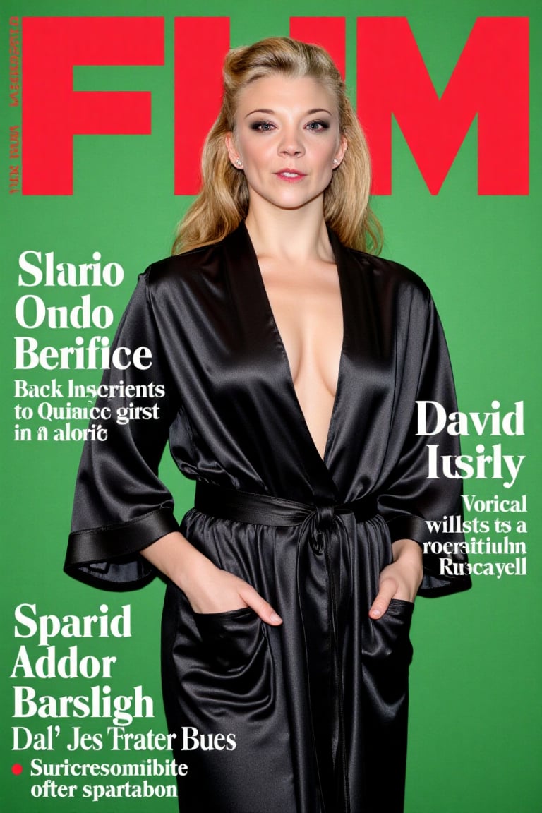 Photograph of a magazine cover featuring actress Jessica Biel in a black,  low-cut satin robe,  with "FHM" magazine brandi...