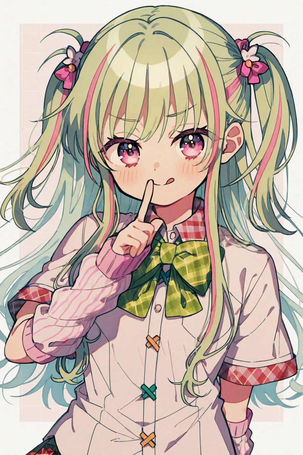 1girl :q absurdres arm_warmers blush bow bowtie button_gap closed_mouth collared_shirt commentary eyelashes eyes_visible_t...