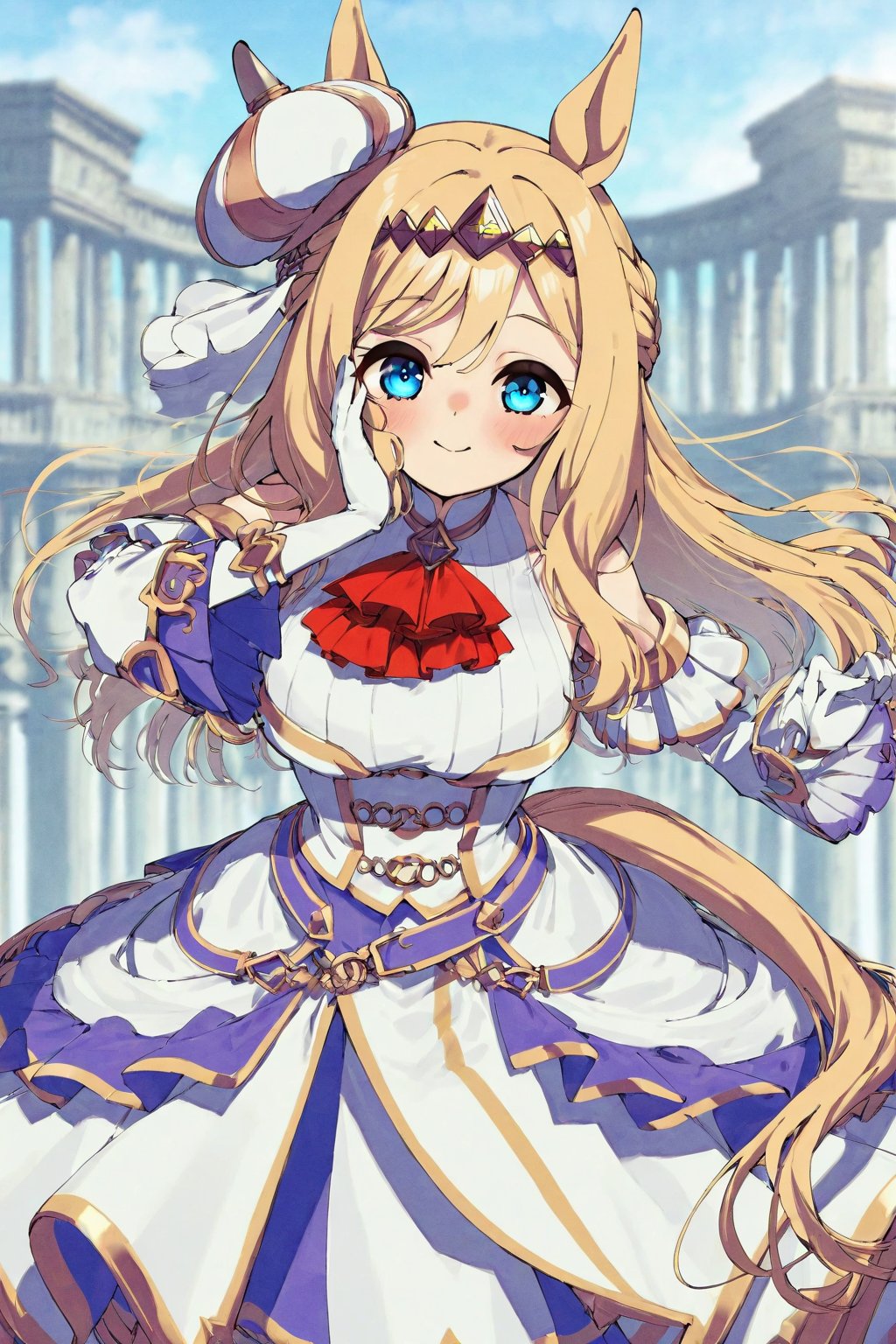 1girl animal_ears ascot bare_shoulders blonde_hair blue_eyes breasts bubble closed_mouth commentary_request detached_sleev...