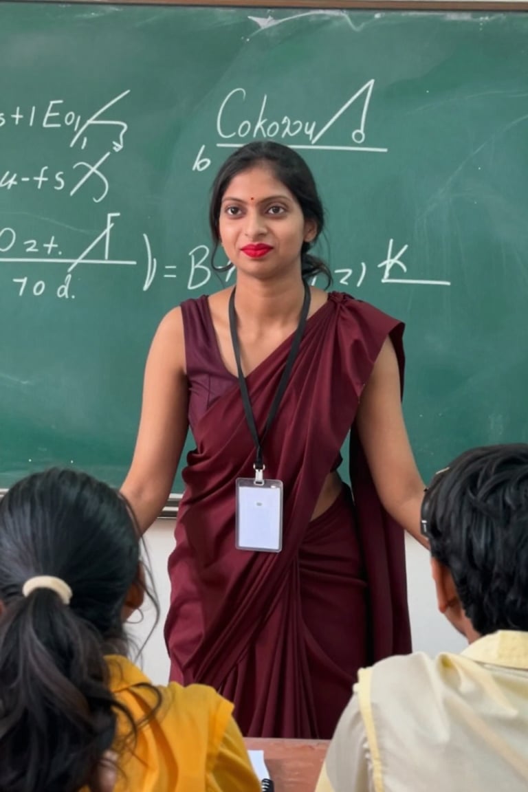 hasa_fullbody_girl,  A female red lipstick stylish hair young Indian school modern teacher standing in a classroom,  weari...