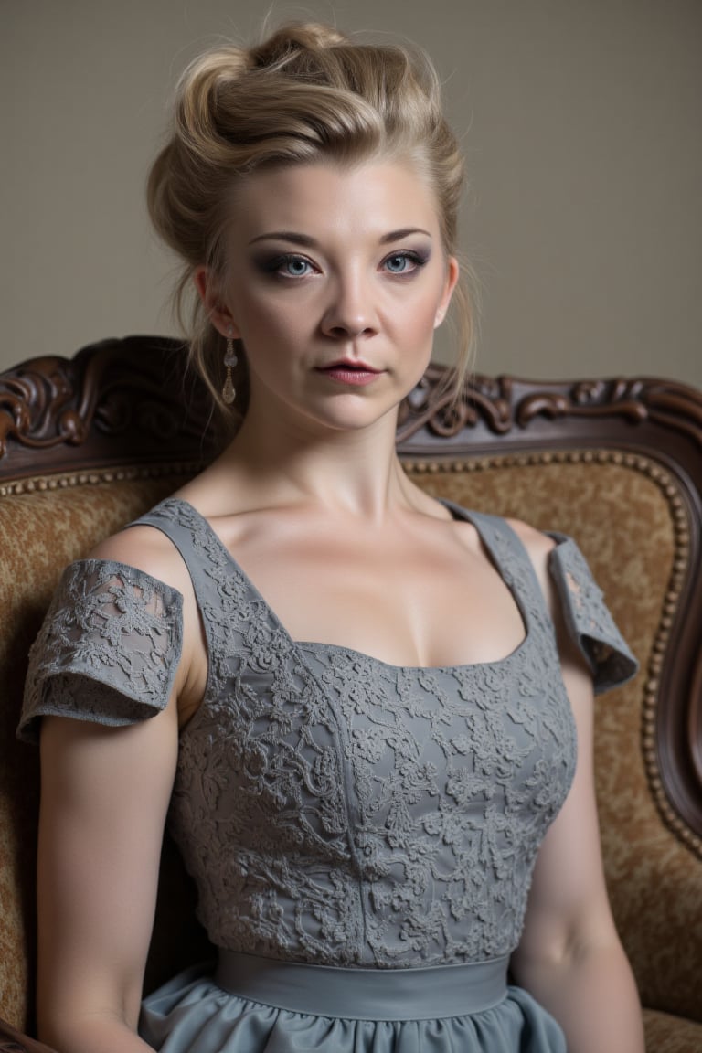 Photograph of a blonde woman in a detailed,  lace-trimmed grey gown,  seated in a carved wooden chair by Zero-Moralezz on...