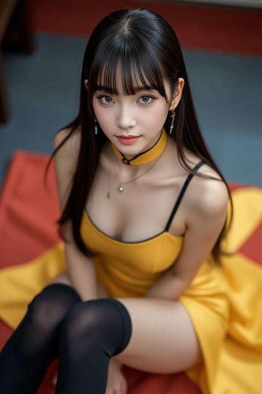 Create a masterpiece in best quality featuring a solo girl with long black hair and large breasts,  looking directly at th...