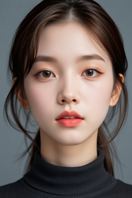 Create a masterpiece in best quality featuring a solo 1girl solo brown hair closed mouth grey background collar lips reali...