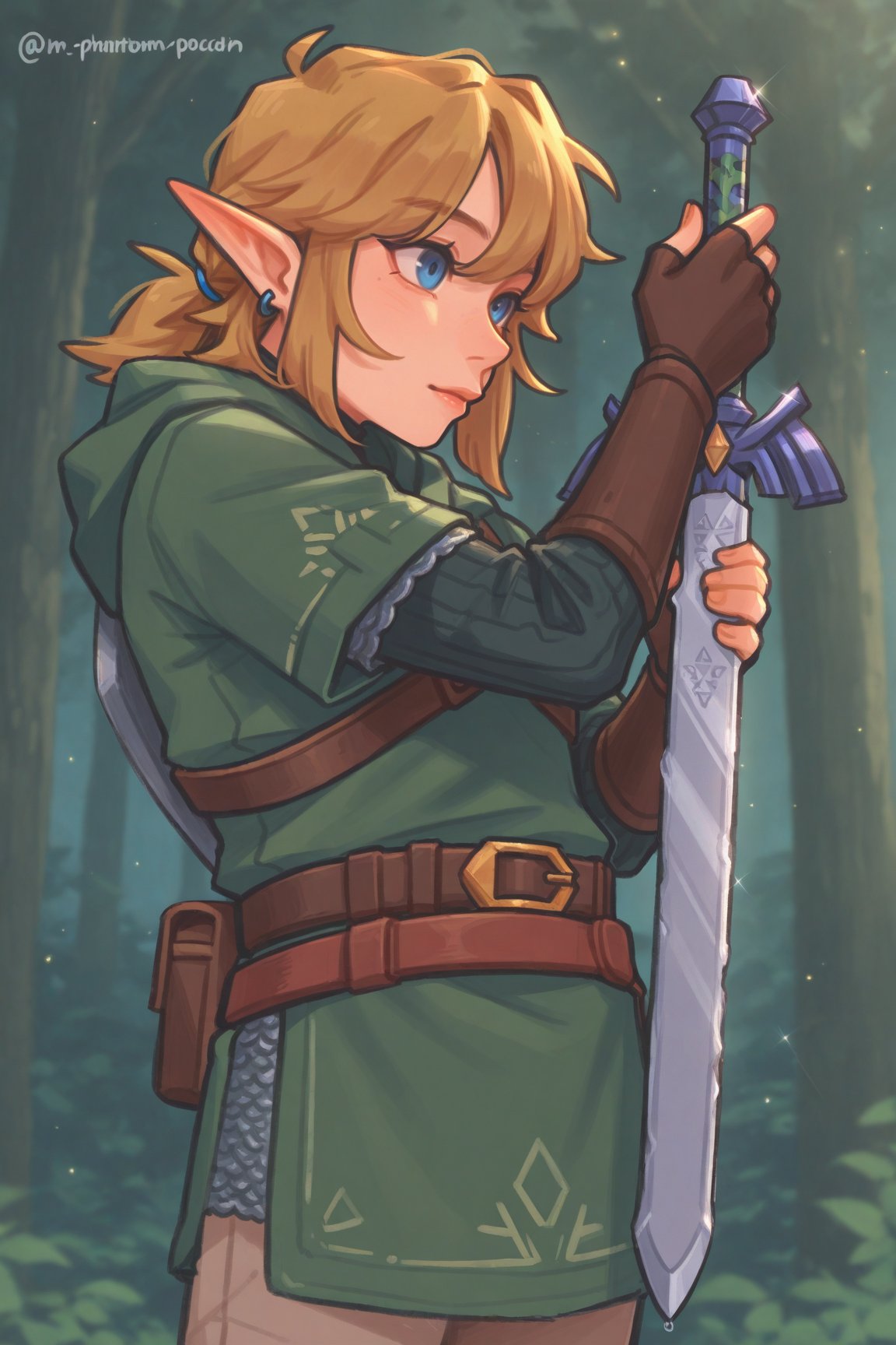 SFW,  waist up,  fugl1nk: 1boy: link. warm undertone. blonde hair by SillyFemboy on Tensor.Art