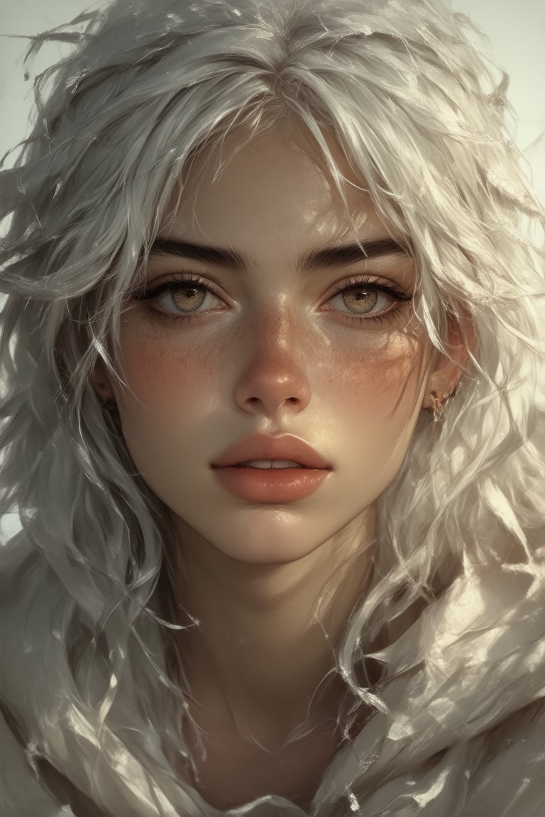 Girl with golden skin and freckles scattered across her nose and cheeks. Her face is soft but defined,  lips naturally flu...