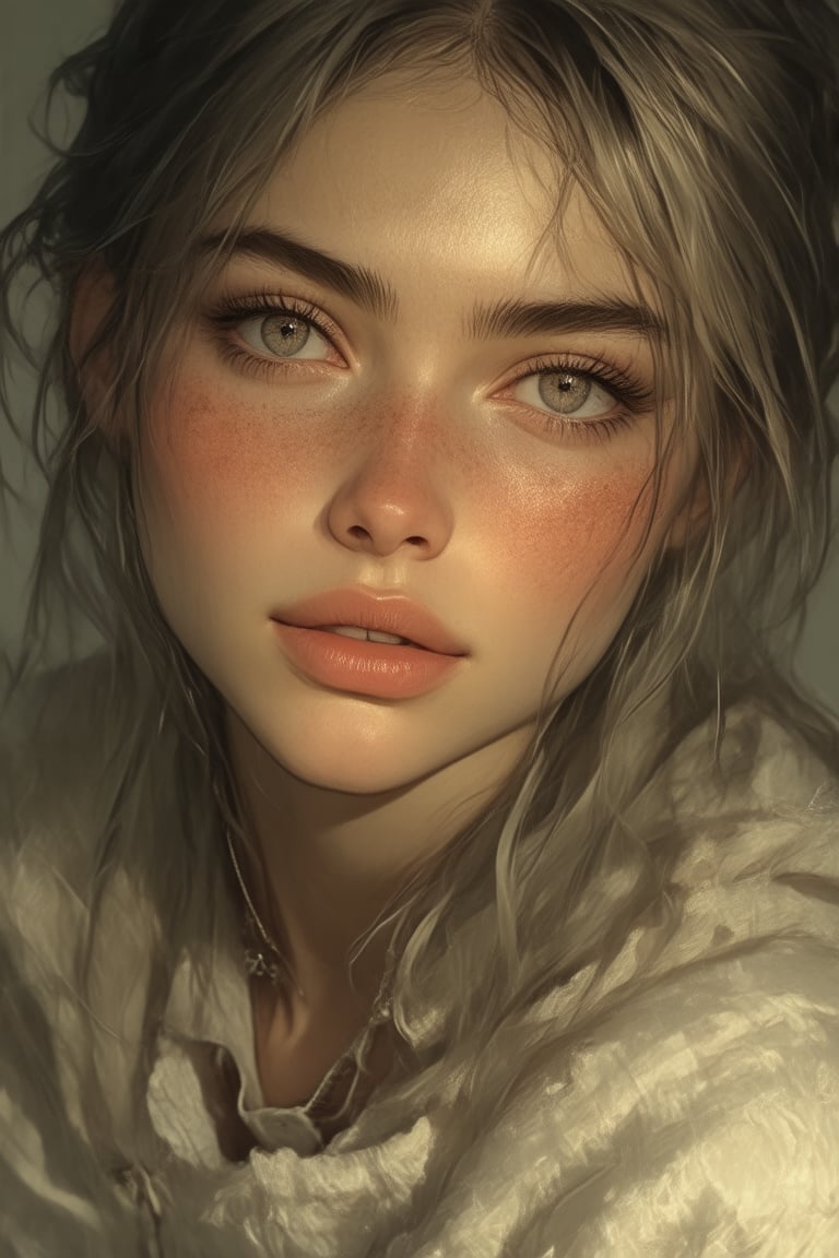 Girl with golden skin and freckles scattered across her nose and cheeks. Her face is soft but defined,  lips naturally flu...