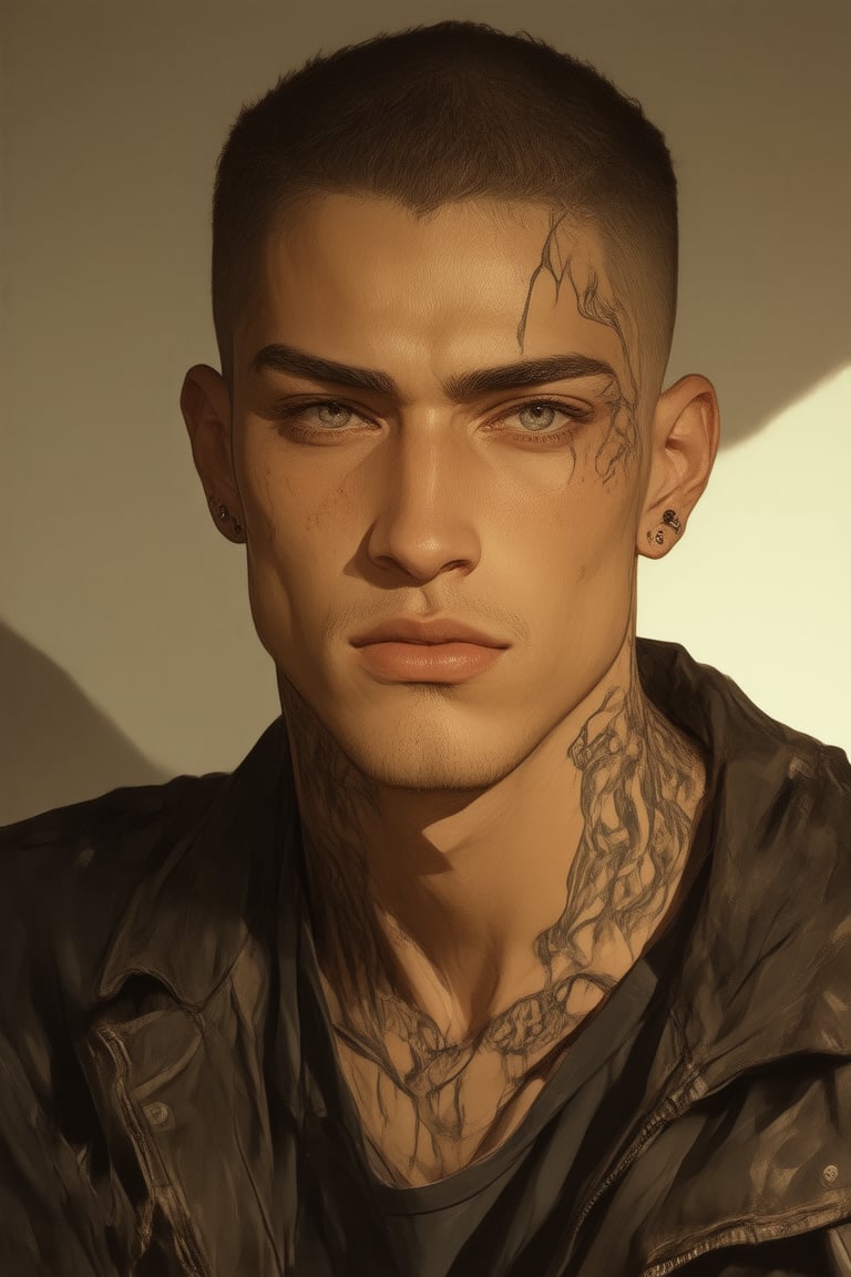 rugged,  gritty man in his early 30s,  intense steel-grey eyes that pierce through the viewer by Ishiraya on Tensor.Art