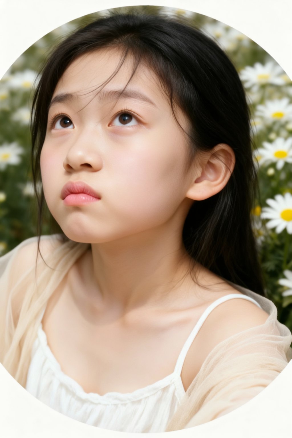 13岁东亚少女,  高角度俯拍胸像（俯拍凸显苹果肌饱满幼态,  肩颈呈柔和的弧形 by 浅夏 on Tensor.Art