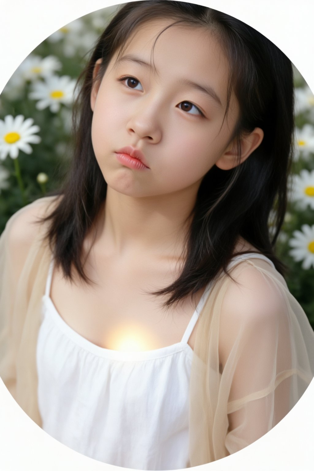 13岁东亚少女,  高角度俯拍胸像（俯拍凸显苹果肌饱满幼态,  肩颈呈柔和的弧形 by 浅夏 on Tensor.Art