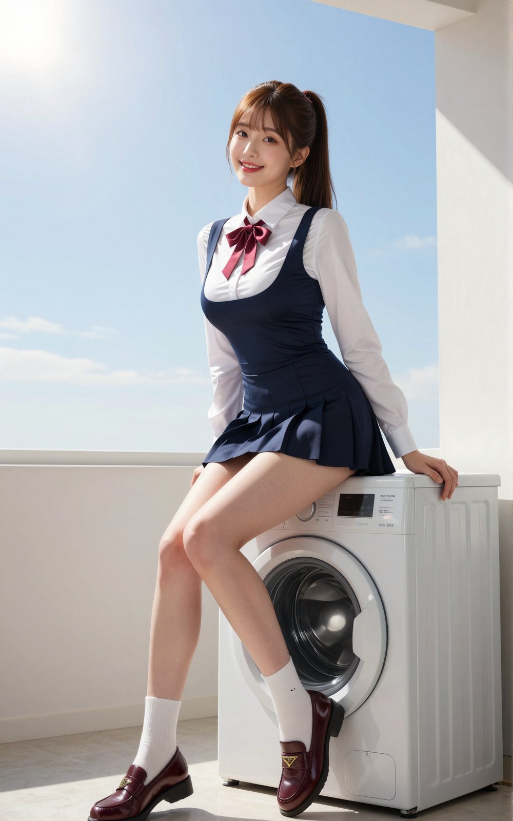 Image of a Korean woman: "A beautiful Korean woman boasting an hourglass figure,  round and voluptuous I-cup breasts,  all...