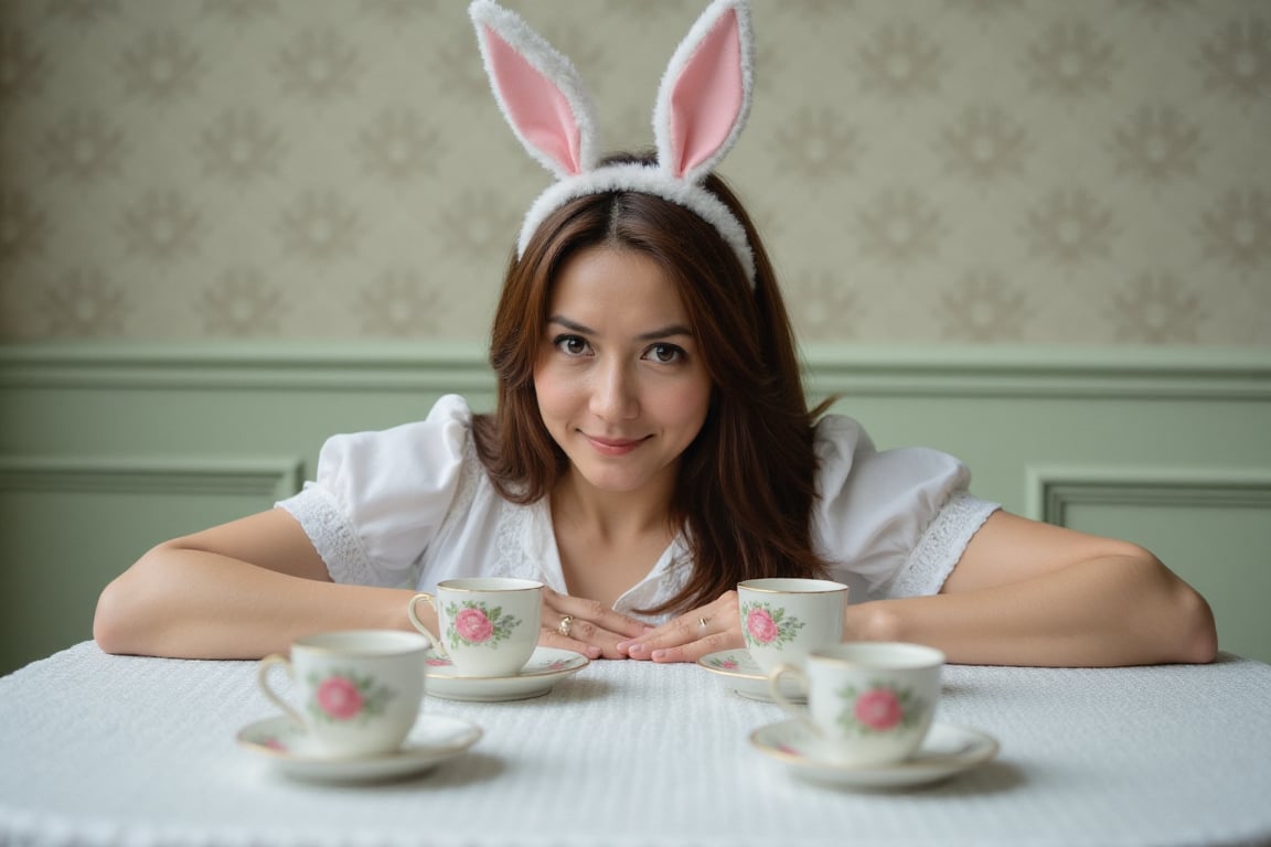 midjourneypastel9z photograph. A young Scottish woman with freckles is wearing a headband with large,  floppy ears that re...
