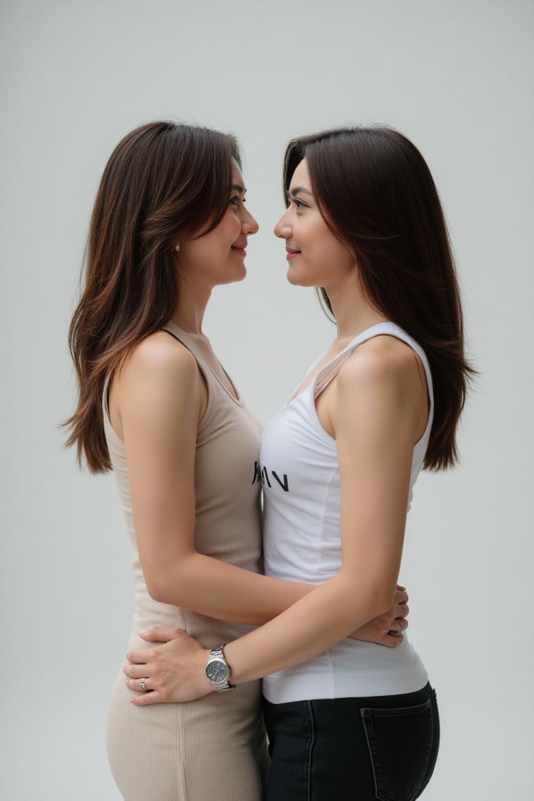 two adult women in intimate pose at center frame,  side profile facing each other,  bodies close by Zero-Moralezz on Tenso...