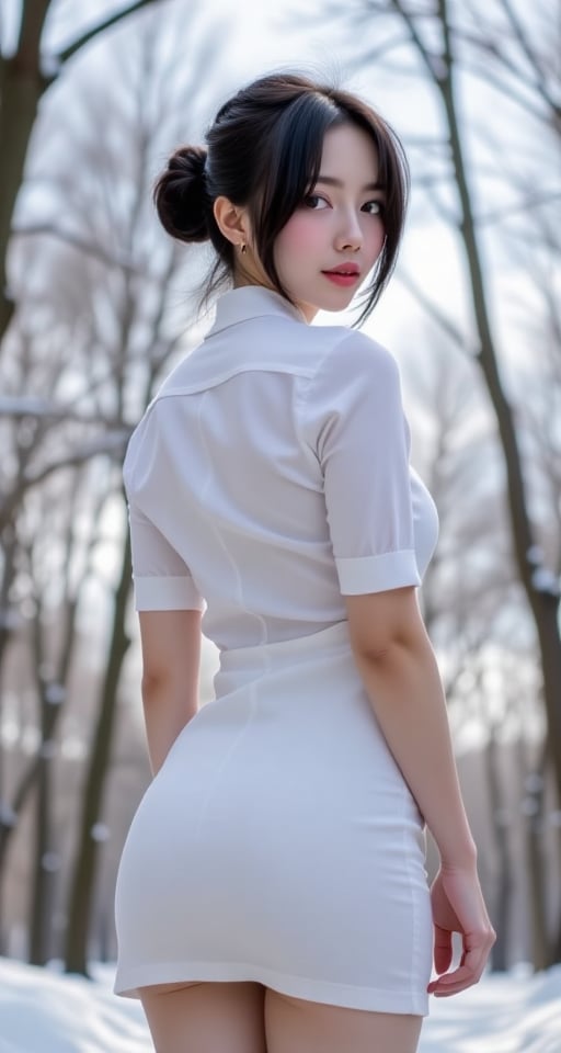 1girl solo breasts looking at viewer black hair shirt dress brown eyes ass outdoors thighs above day looking back hair bun...