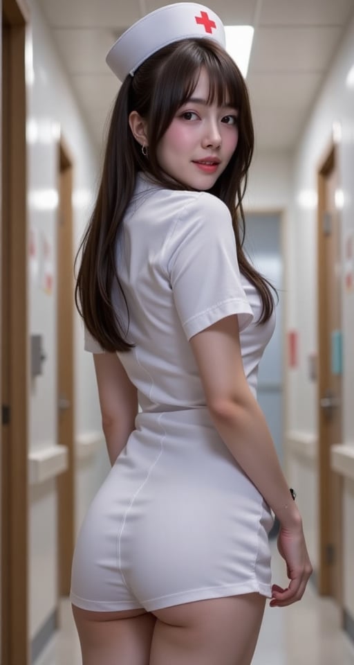 1girl solo long hair looking at viewer brown hair black hair hat short dress brown eyes ass looking back realistic nurse r...