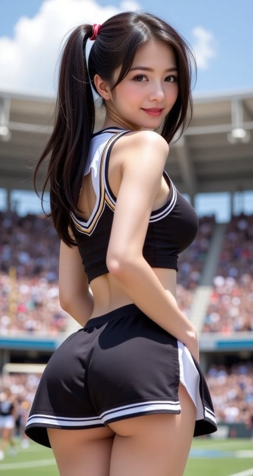 1girl solo long hair breasts looking at viewer smile skirt large breasts black hair holding twintails brown eyes standing...