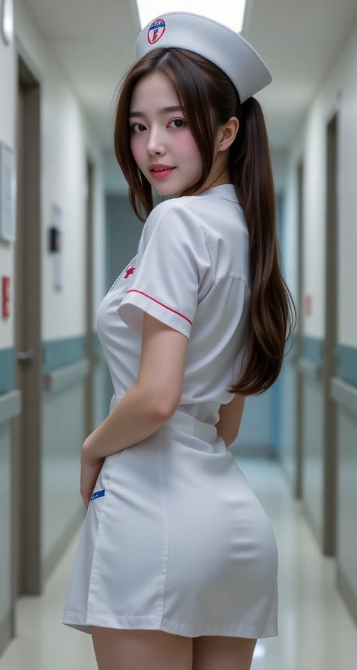 1girl solo long hair looking at viewer brown hair black hair hat short dress brown eyes ass looking back realistic nurse r...