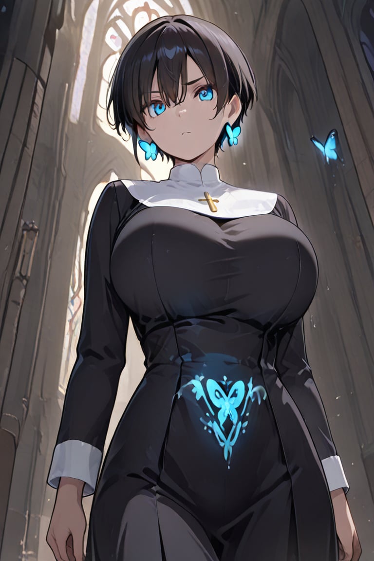 (Boyish,  very short hair) Black HARE Kiyoka-chan,  blue glowing earrings by らび@kiyoka_succubus on Tensor.Art