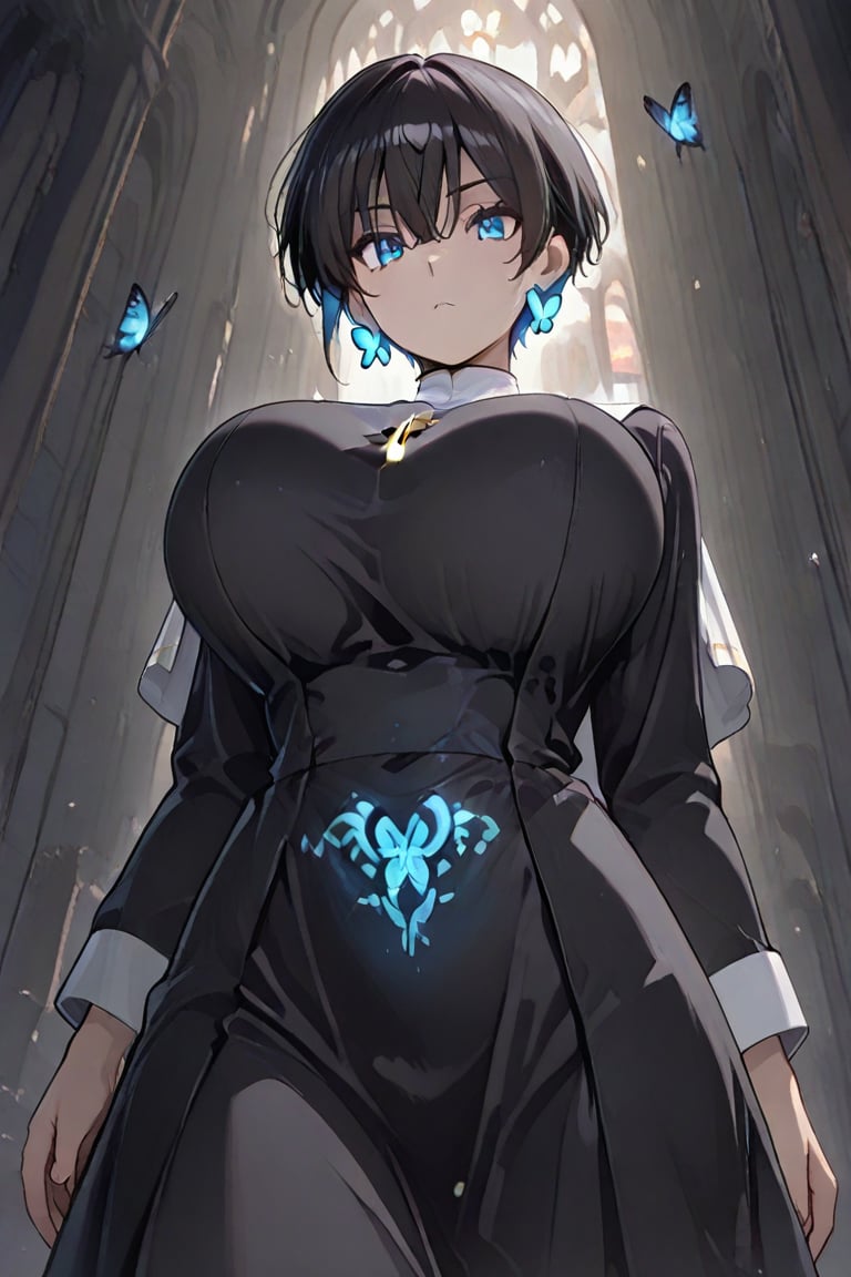 (Boyish,  very short hair) Black HARE Kiyoka-chan,  blue glowing earrings by らび@kiyoka_succubus on Tensor.Art