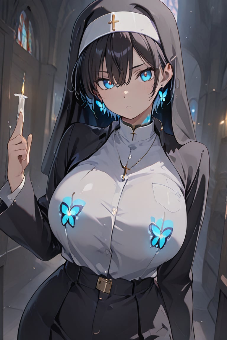 (Boyish,  very short hair) Black HARE Kiyoka-chan,  blue glowing earrings by らび@kiyoka_succubus on Tensor.Art