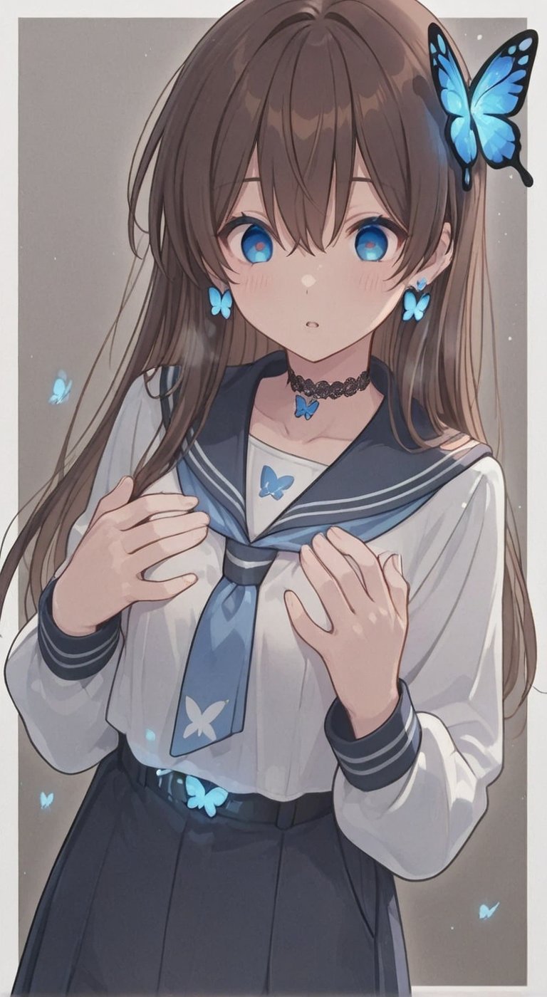Long brown hair,  Blue butterfly-shaped hair,  Blue and white long-sleeved sailor uniform by らび@kiyoka_succubus on Tensor.Art