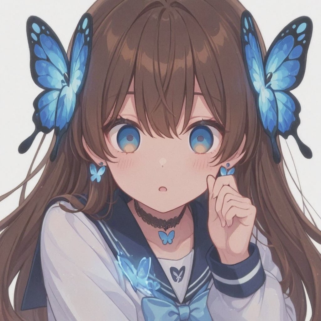 Long brown hair,  Blue butterfly-shaped hair,  Blue and white long-sleeved sailor uniform by らび@kiyoka_succubus on Tensor.Art