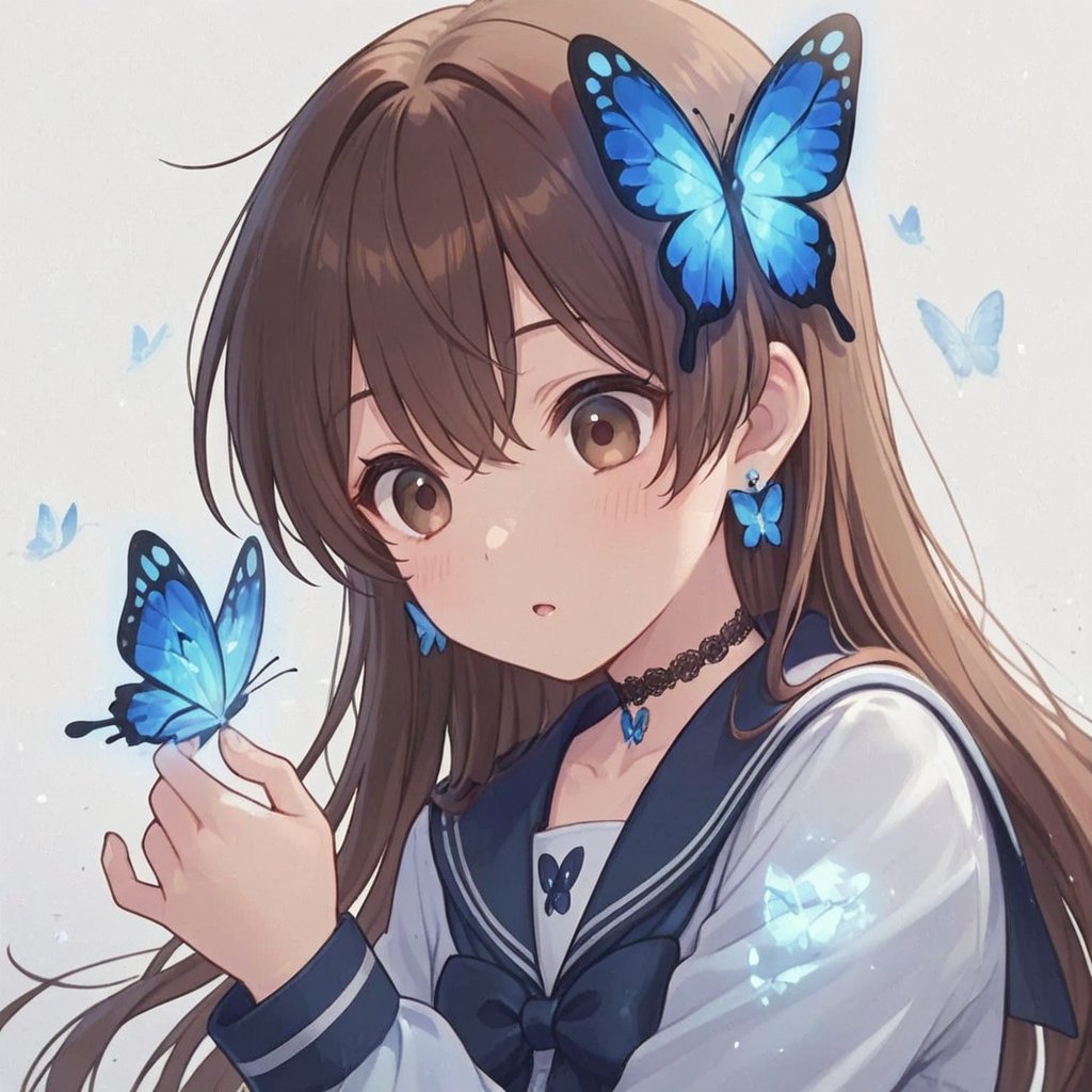 Long brown hair,  Blue butterfly-shaped hair,  Blue and white long-sleeved sailor uniform by らび@kiyoka_succubus on Tensor.Art