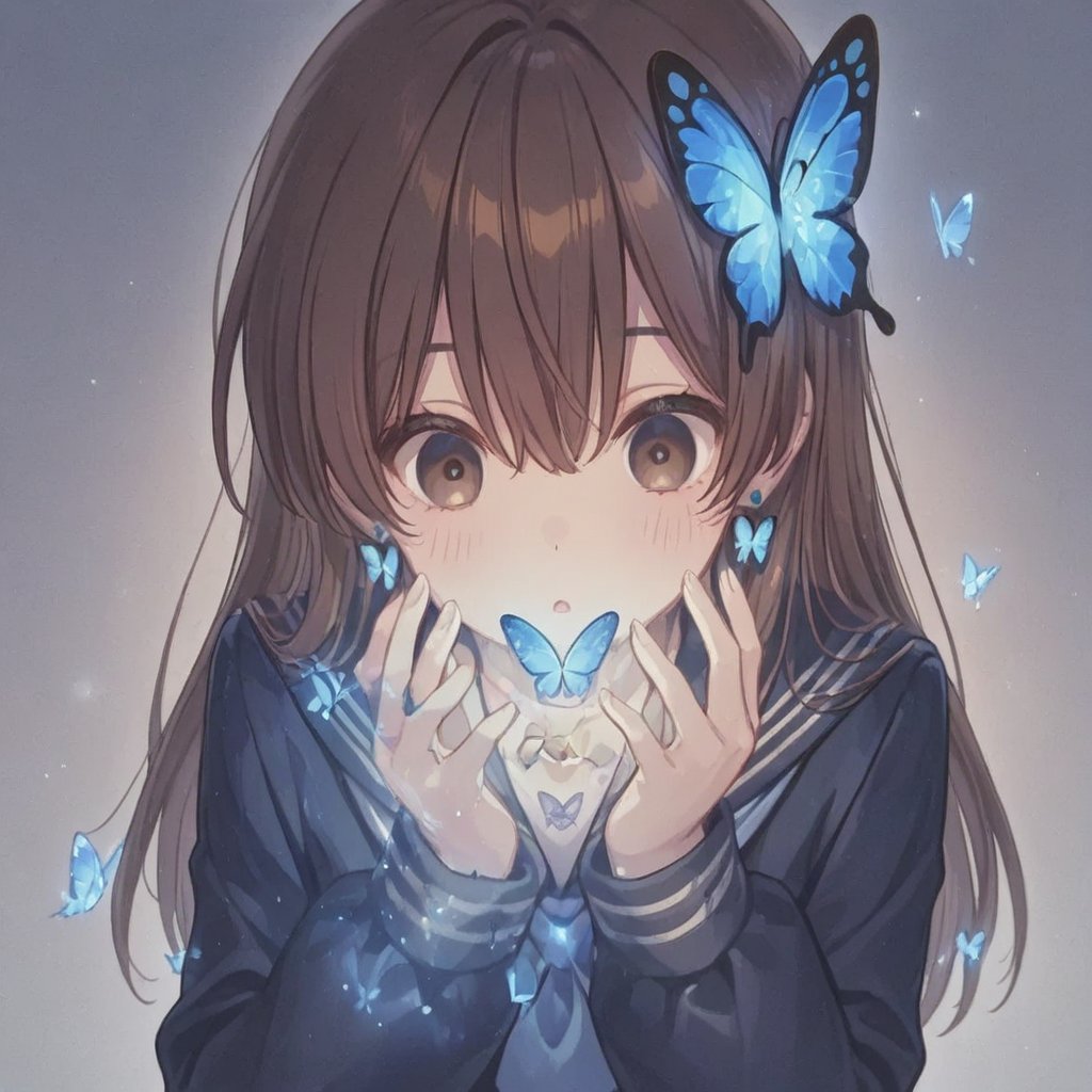 Long brown hair,  Blue butterfly-shaped hair,  Blue and white long-sleeved sailor uniform by らび@kiyoka_succubus on Tensor.Art