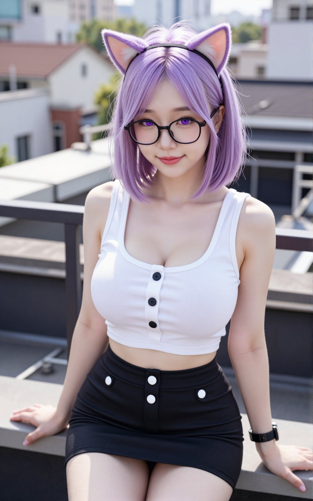 Korean Young girl. Carrotcat. Cat ear hairband. Light Purple short straight hair. slender waist. Large size breasts. Big p...