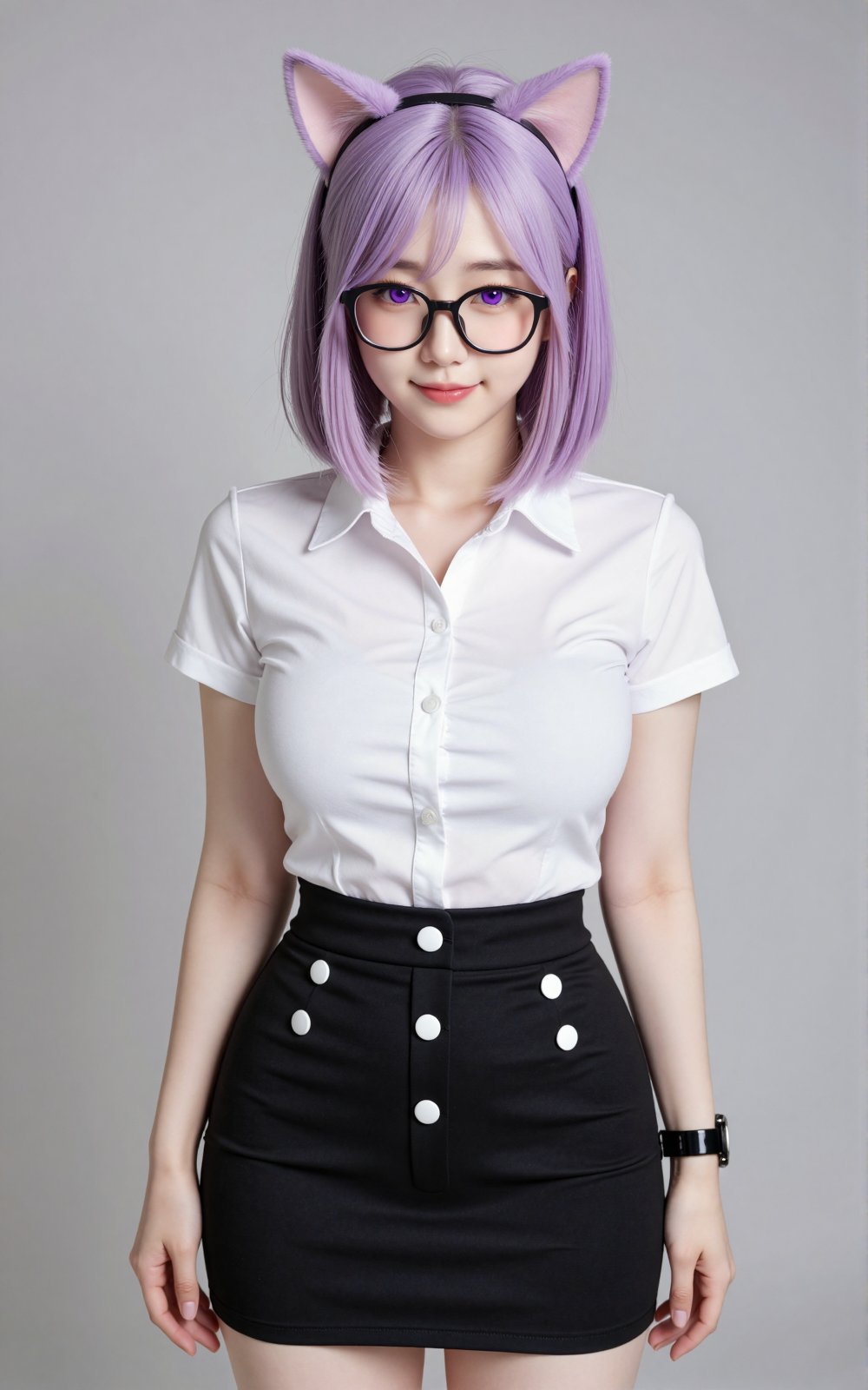 Korean Young girl. Carrotcat. Cat ear hairband. Light Purple short straight hair. slender waist. Small size breasts. Big p...