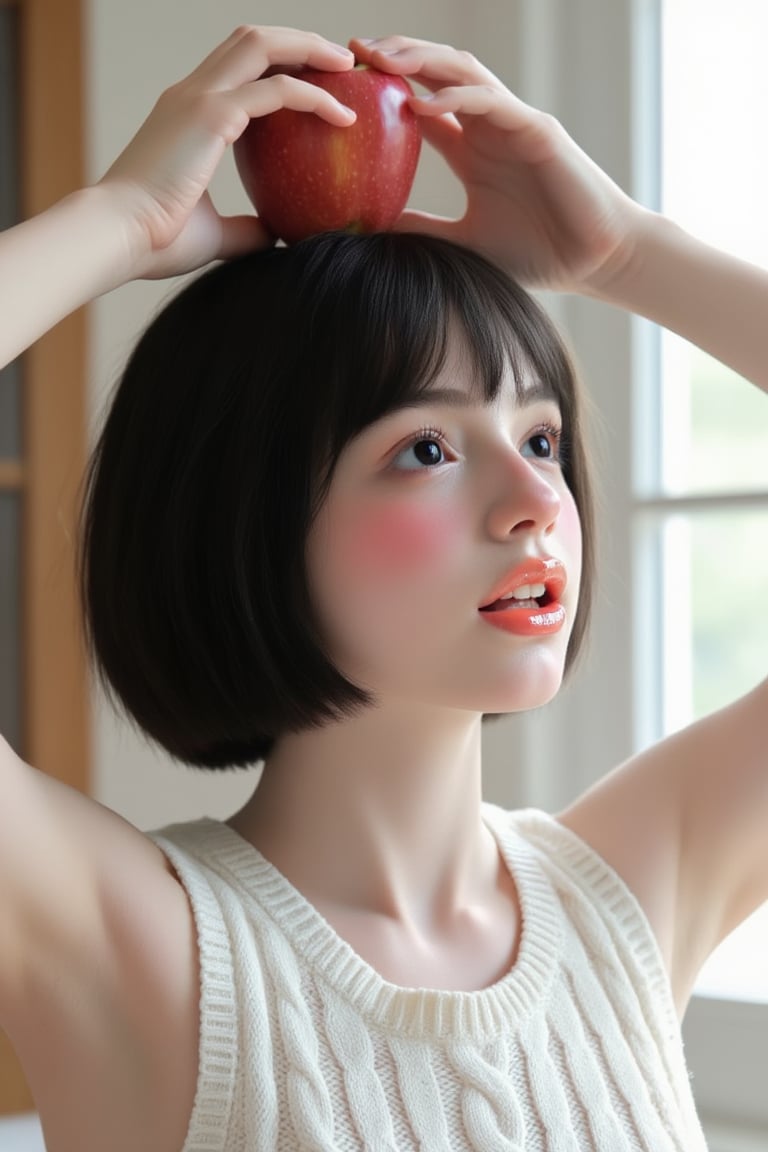 A young woman with a short black wolf-cut hairstyle balances a vibrant red apple on her head,  steadying it with slender h...