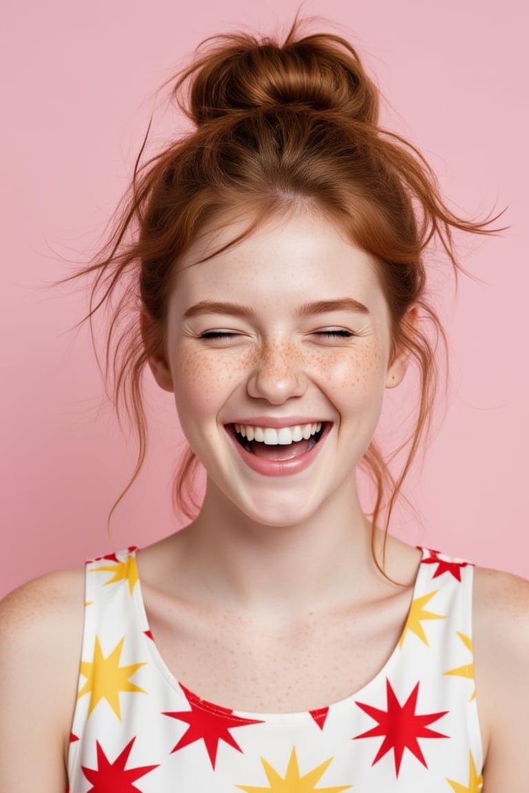 A young woman with a joyful expression laughs heartily,  her eyes tightly closed and mouth wide open to reveal a bright sm...