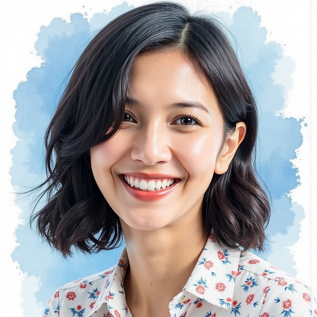Full long shot a portrait ,  Asian woman short flowing black hair small flora and blouse pattern small flora,  beautiful b...