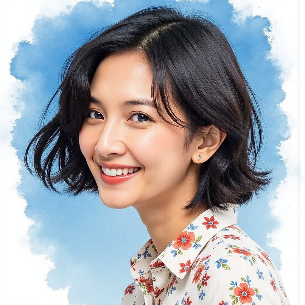 Full long shot a portrait ,  Asian woman short flowing black hair small flora and blouse pattern small flora,  beautiful b...