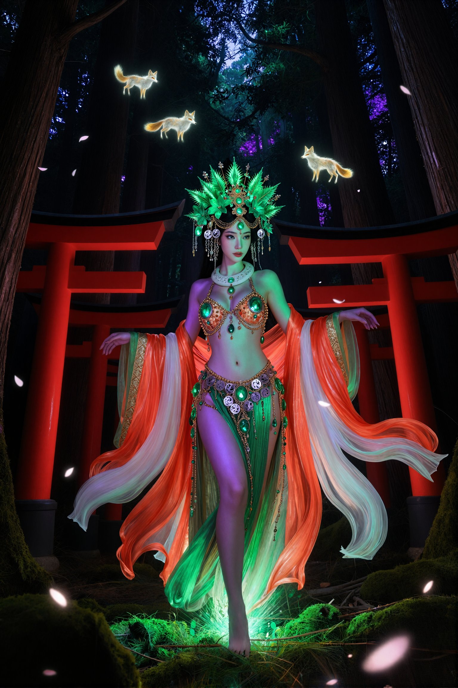 Large breasts,  jhaye Ancient Heian spirit forest at supernatural midnight,  enormous ancient cedar trees with trunks wide...