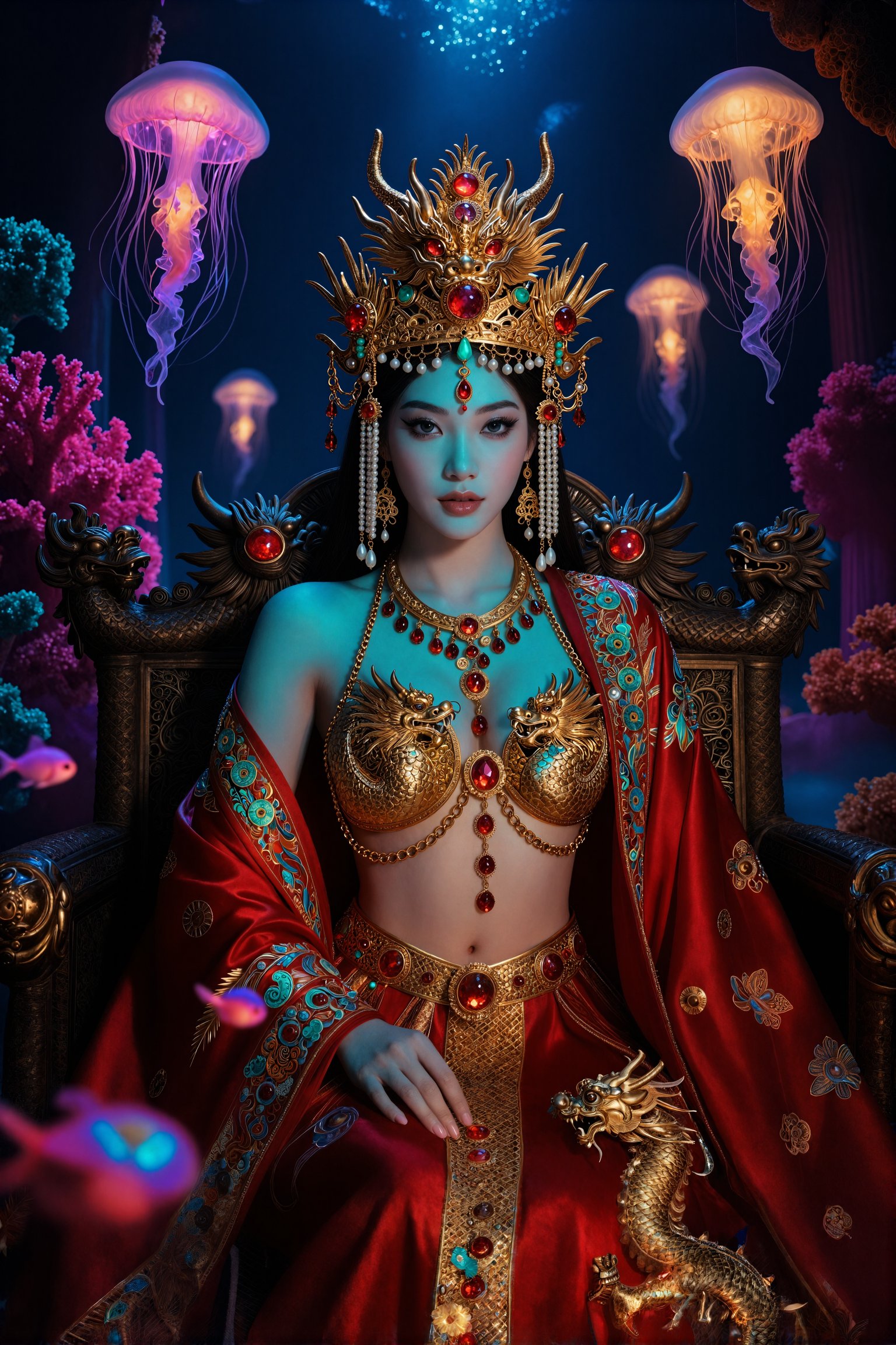 Large breasts,  jhaye Colossal Tang Dynasty dragon palace throne room at the bottom of a mythical sea,  enormous living co...