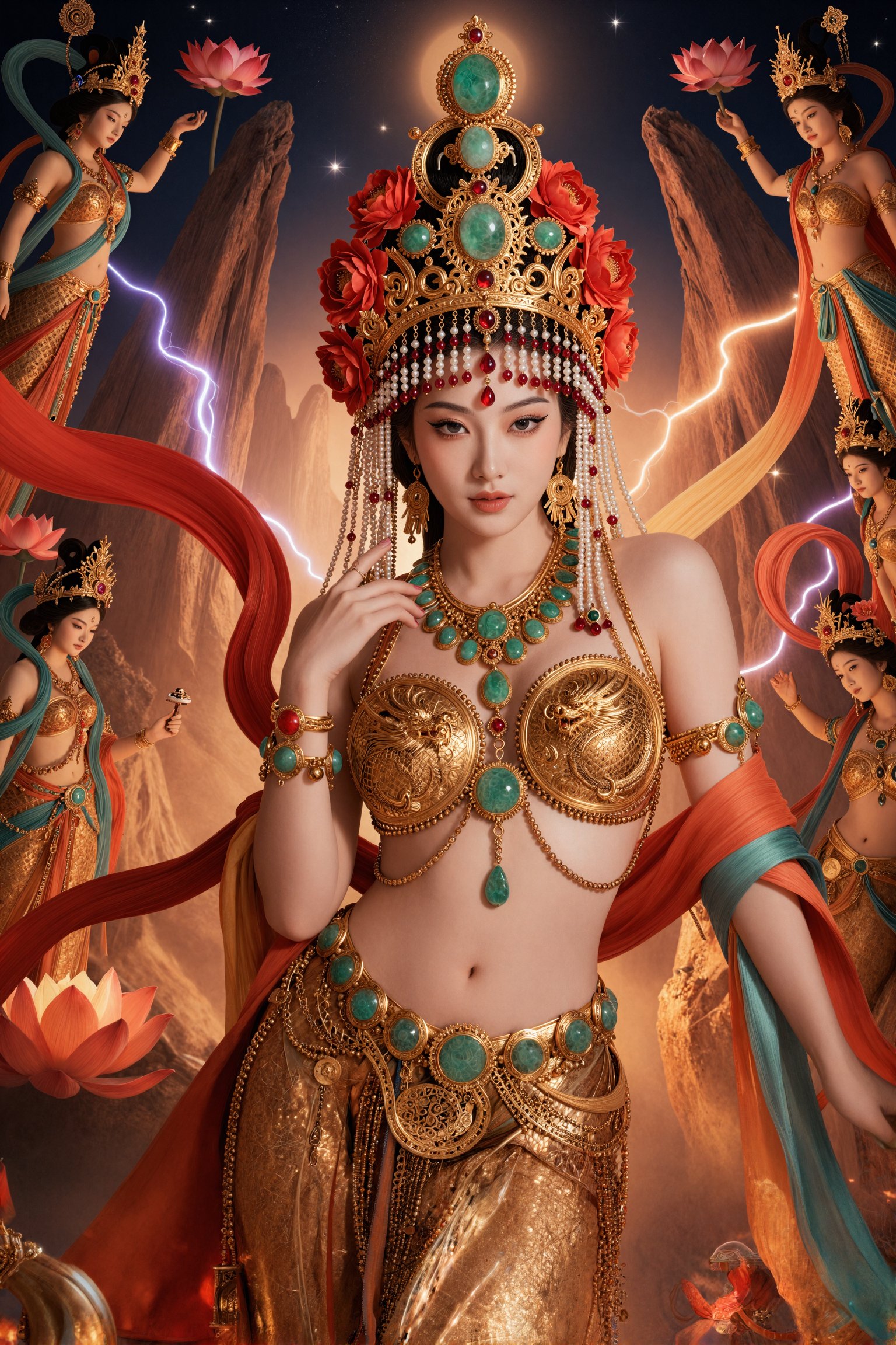 Large breasts,  jhaye Mythical Dunhuang celestial war goddess realm beyond the physical world,  the entire background a th...