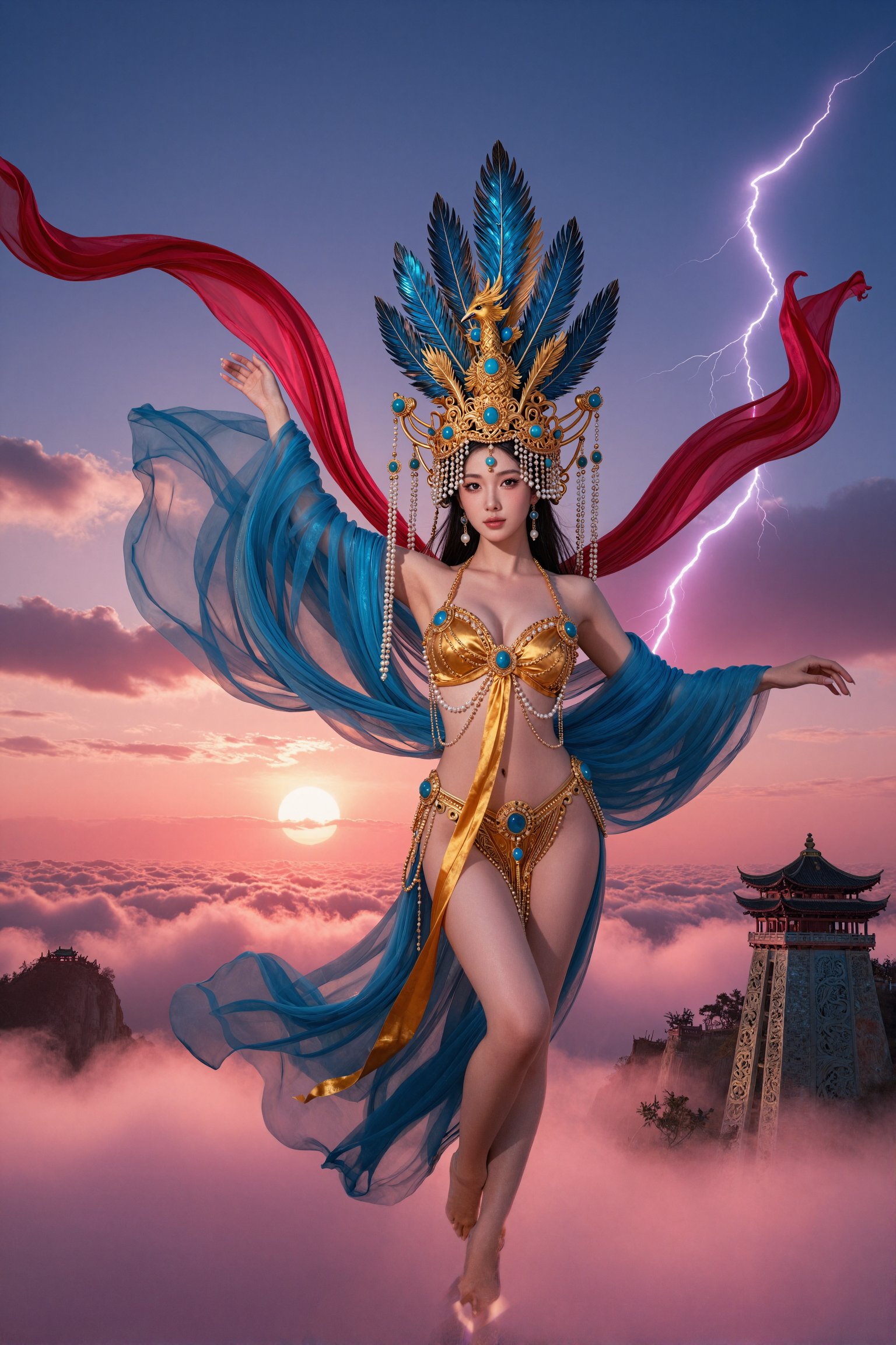 Large breasts,  jhaye Mythical Ming Dynasty sky fortress suspended above an ocean of clouds at dawn,  the cloud sea stretc...