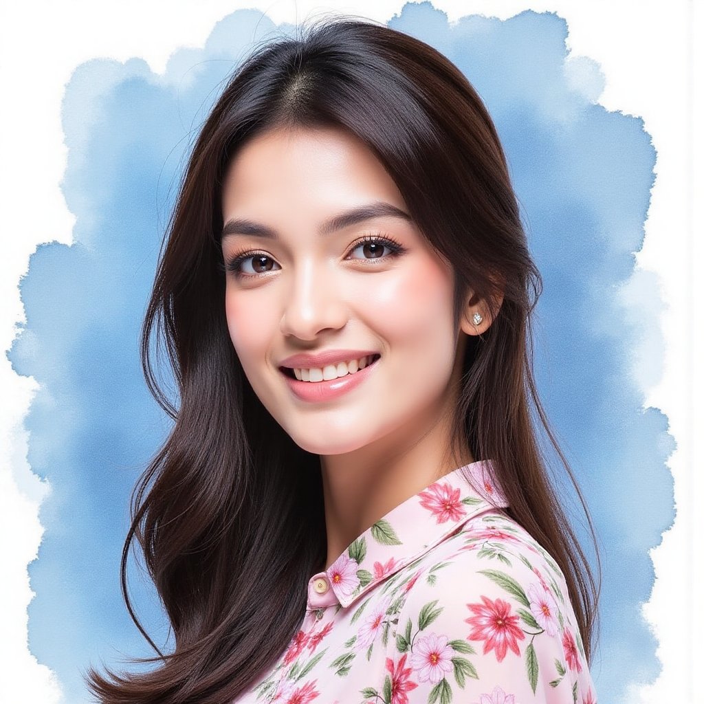 Full long shot a portrait ,  Asian woman long flowing black hair small flora and blouse pattern small flora,  beautiful by...